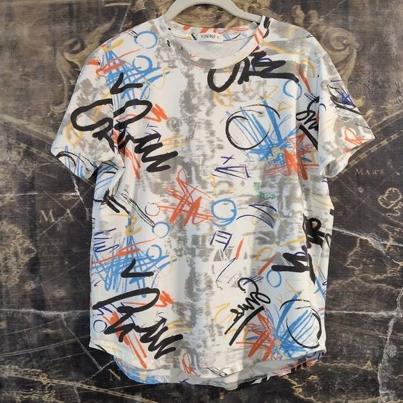 YININF Other - YININF Men’s Graffiti Streetwear T-Shirt Multi Color All Over Print Small JBHS